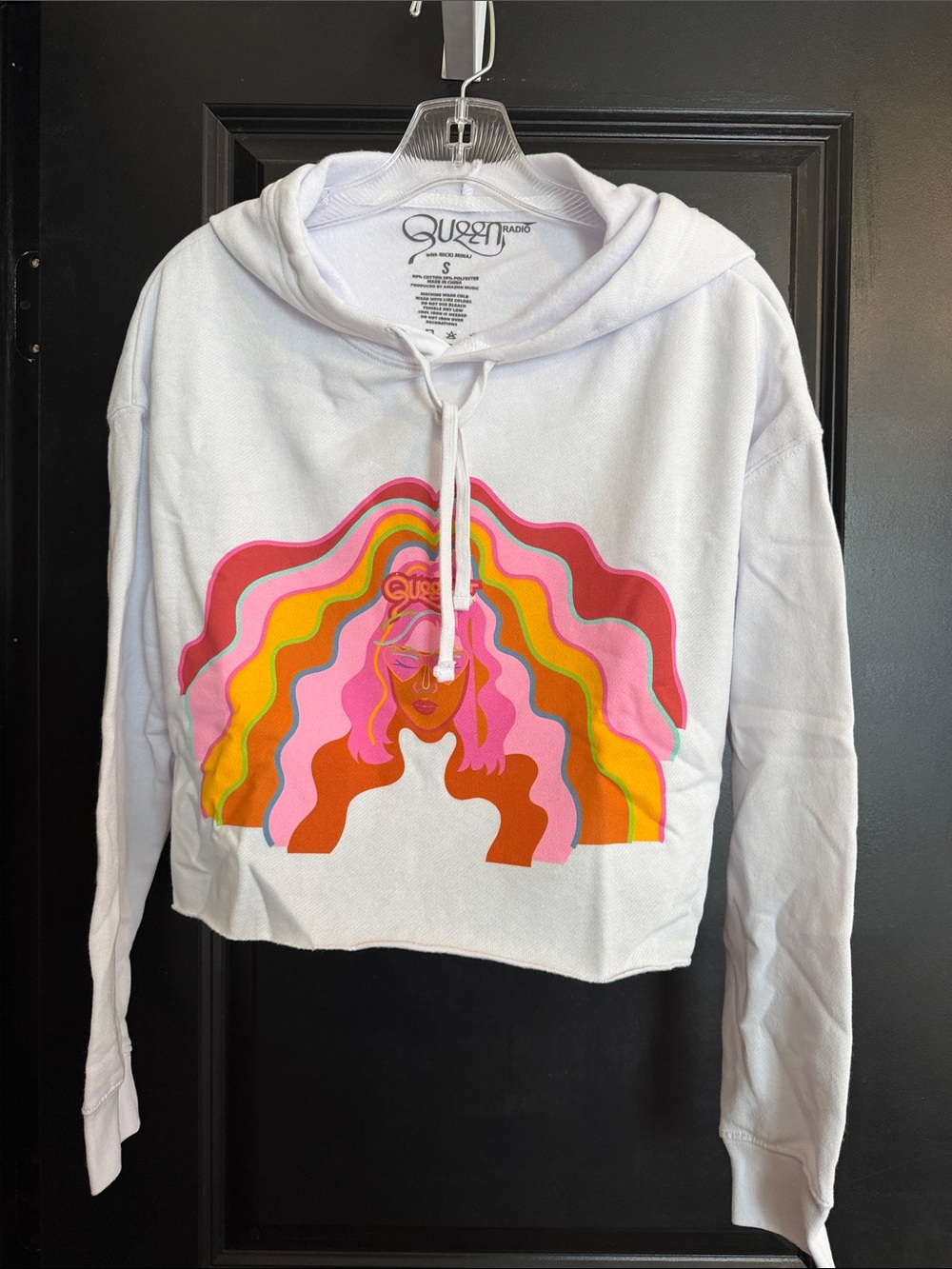 Nicki Minaj White Cropped Hoodie with Retro Pink, Orange & Yellow Graphic P850SS